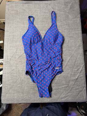 DKNY Swim Women's Ruched Polka Dot One-Piece Swimsuit Blue and Red Size 10